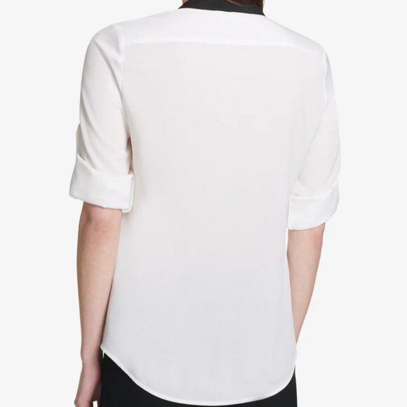 Calvin Klein Womens White Black Trim Zip Roll Tab Sleeve Chiffon Career Blouse M - Picture 14 of 14